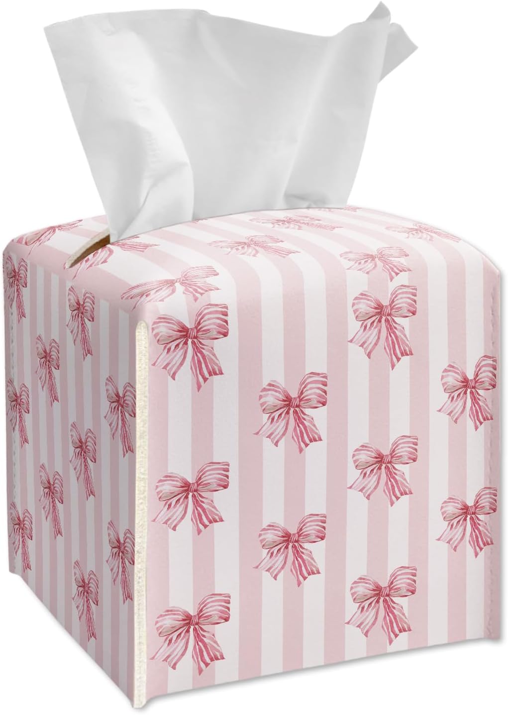 Pink Bows Stripe Tissue Box Cover Square, Leather Tissue Box Holder with Bottom Belt, Facial Paper Holder for Bathroom Vanity Countertop, Nightstands, Dining Table, Office, Car -31