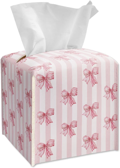 Pink Bows Stripe Tissue Box Cover Square, Leather Tissue Box Holder with Bottom Belt, Facial Paper Holder for Bathroom Vanity Countertop, Nightstands, Dining Table, Office, Car -31