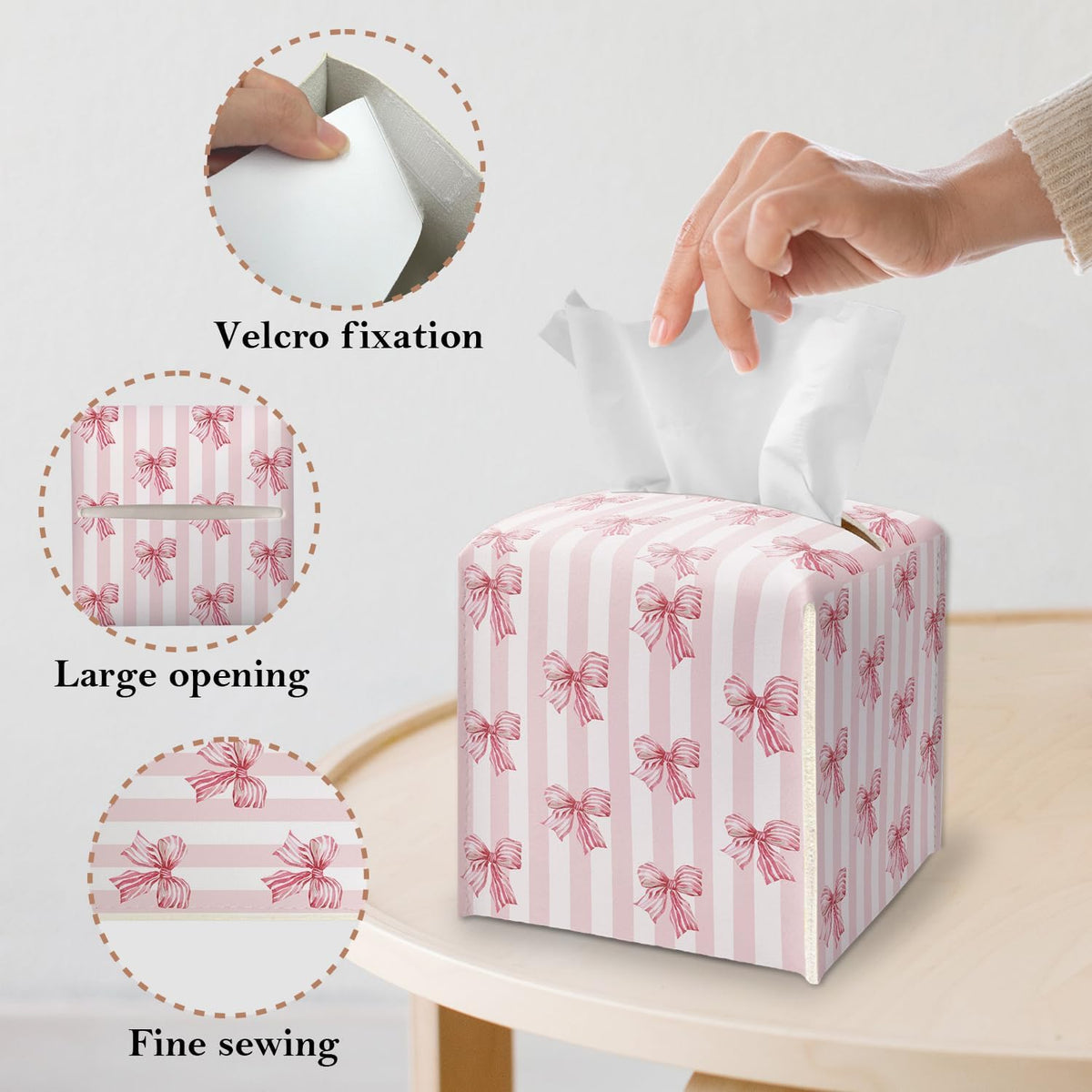 Pink Bows Stripe Tissue Box Cover Square, Leather Tissue Box Holder with Bottom Belt, Facial Paper Holder for Bathroom Vanity Countertop, Nightstands, Dining Table, Office, Car -31