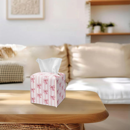 Pink Bows Stripe Tissue Box Cover Square, Leather Tissue Box Holder with Bottom Belt, Facial Paper Holder for Bathroom Vanity Countertop, Nightstands, Dining Table, Office, Car -31