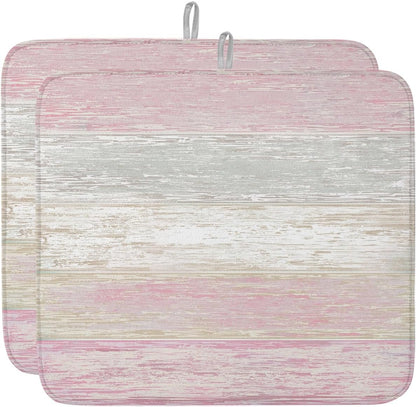 Pink Gray Dish Drying Mat 2 Pack, White Gradient Rustic Striped Minimalist Country Absorbent Heat Insulating Kitchen Drying Pad Drainer Mats for Sink Counter Pot Dishes 16 X 18 Inch