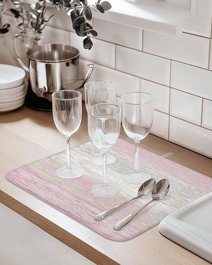 Pink Gray Dish Drying Mat 2 Pack, White Gradient Rustic Striped Minimalist Country Absorbent Heat Insulating Kitchen Drying Pad Drainer Mats for Sink Counter Pot Dishes 16 X 18 Inch
