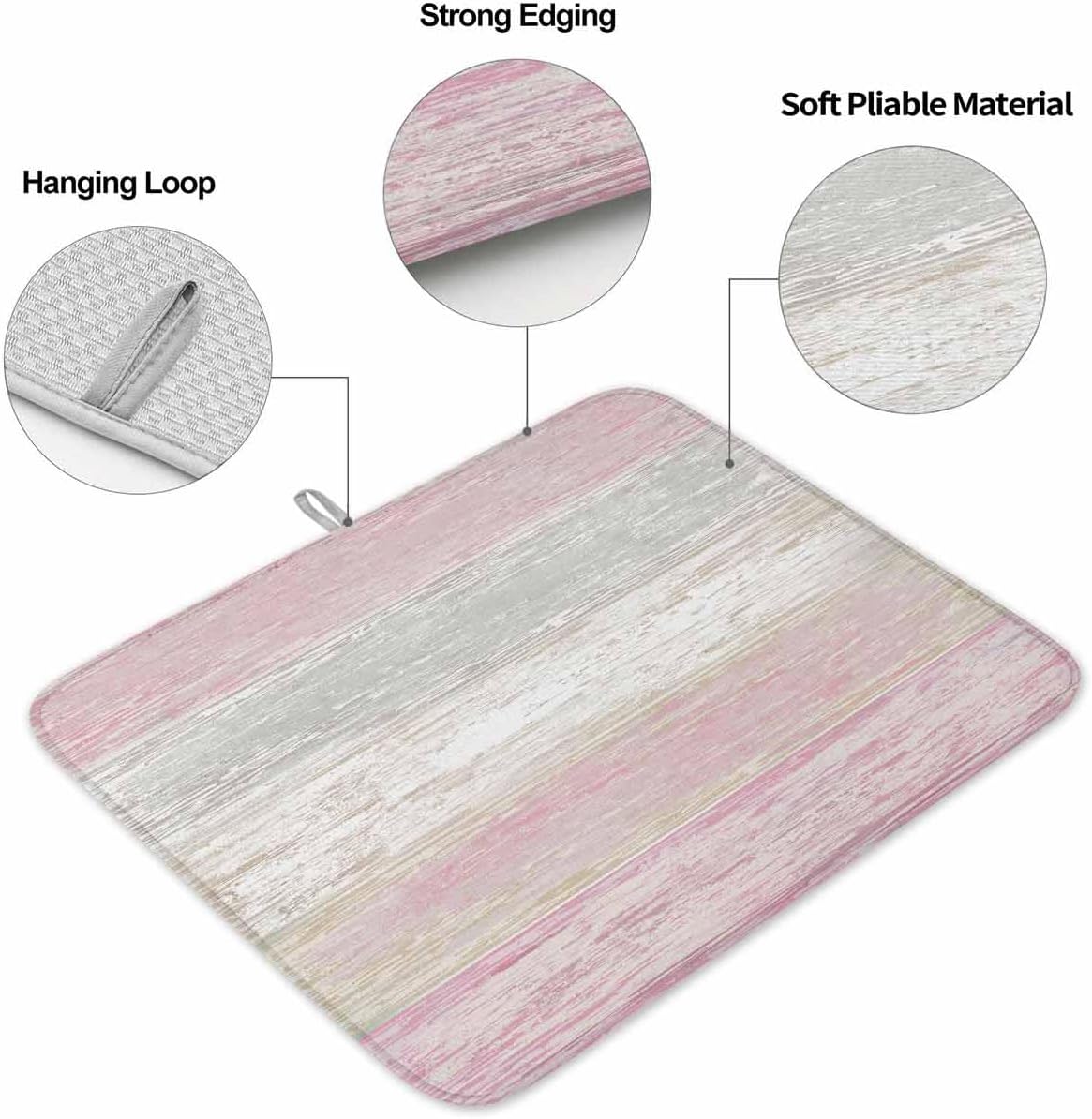 Pink Gray Dish Drying Mat 2 Pack, White Gradient Rustic Striped Minimalist Country Absorbent Heat Insulating Kitchen Drying Pad Drainer Mats for Sink Counter Pot Dishes 16 X 18 Inch
