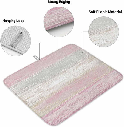 Pink Gray Dish Drying Mat 2 Pack, White Gradient Rustic Striped Minimalist Country Absorbent Heat Insulating Kitchen Drying Pad Drainer Mats for Sink Counter Pot Dishes 16 X 18 Inch