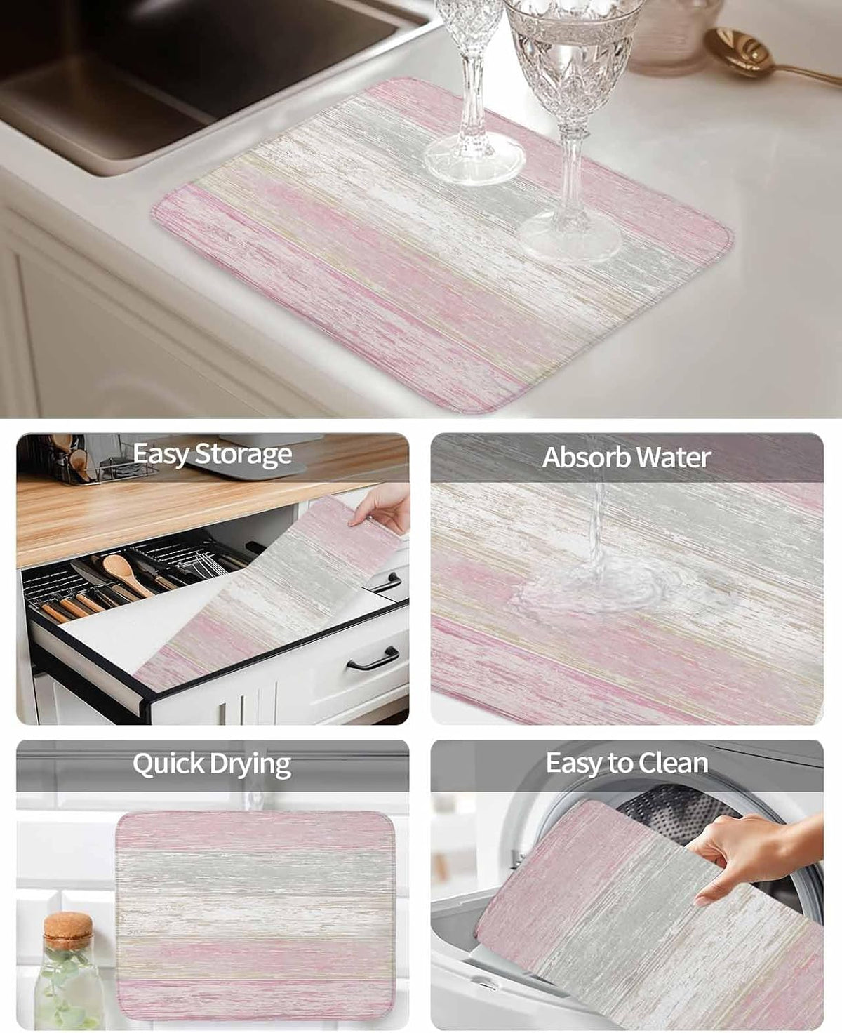Pink Gray Dish Drying Mat 2 Pack, White Gradient Rustic Striped Minimalist Country Absorbent Heat Insulating Kitchen Drying Pad Drainer Mats for Sink Counter Pot Dishes 16 X 18 Inch