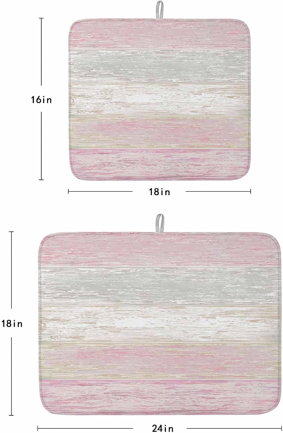 Pink Gray Dish Drying Mat 2 Pack, White Gradient Rustic Striped Minimalist Country Absorbent Heat Insulating Kitchen Drying Pad Drainer Mats for Sink Counter Pot Dishes 16 X 18 Inch