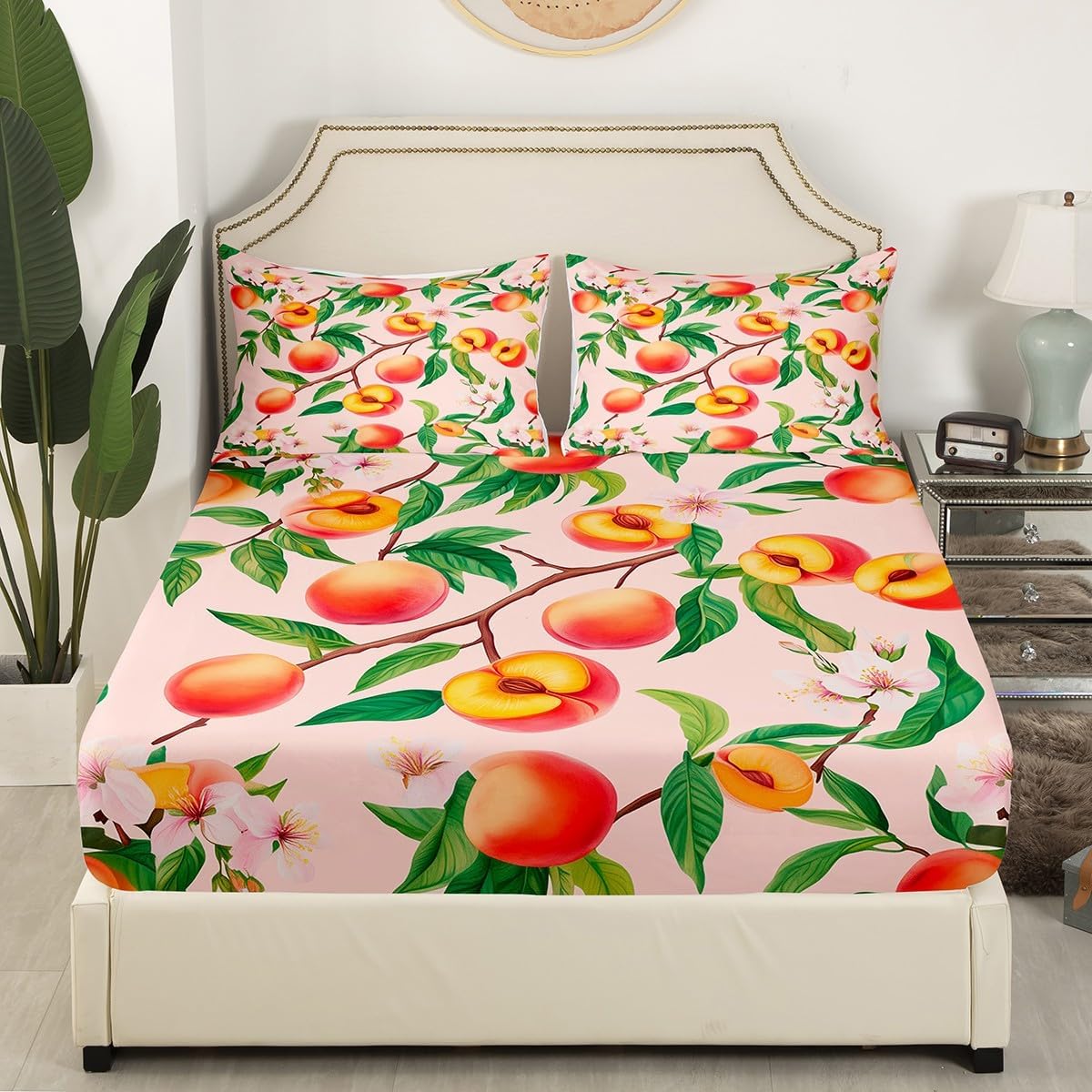 Peach Blossom Fitted Sheet Queen Size Fresh Fruits Bedding Set Girly Peach Sheet Set,Pink Peach Blossom Bed Cover Ultra Soft Breathable Bedspread 3 Pcs for Kids Teens Boys