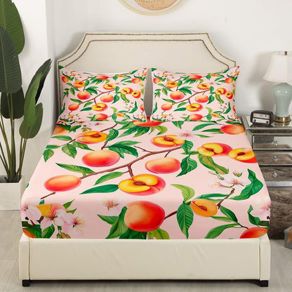 Peach Blossom Fitted Sheet Queen Size Fresh Fruits Bedding Set Girly Peach Sheet Set,Pink Peach Blossom Bed Cover Ultra Soft Breathable Bedspread 3 Pcs for Kids Teens Boys