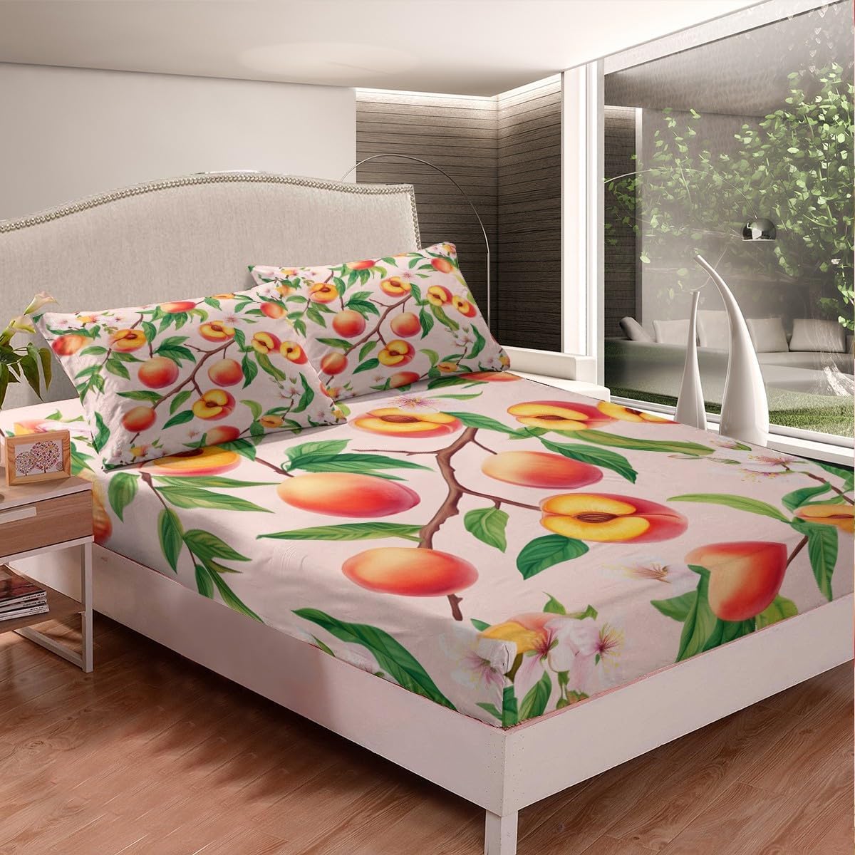 Peach Blossom Fitted Sheet Queen Size Fresh Fruits Bedding Set Girly Peach Sheet Set,Pink Peach Blossom Bed Cover Ultra Soft Breathable Bedspread 3 Pcs for Kids Teens Boys
