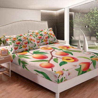 Peach Blossom Fitted Sheet Queen Size Fresh Fruits Bedding Set Girly Peach Sheet Set,Pink Peach Blossom Bed Cover Ultra Soft Breathable Bedspread 3 Pcs for Kids Teens Boys