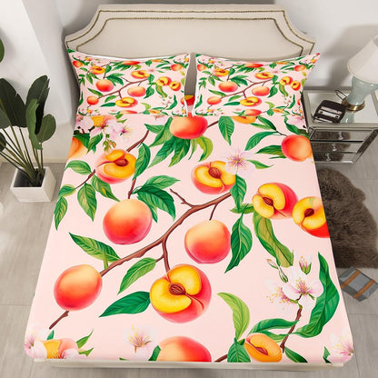 Peach Blossom Fitted Sheet Queen Size Fresh Fruits Bedding Set Girly Peach Sheet Set,Pink Peach Blossom Bed Cover Ultra Soft Breathable Bedspread 3 Pcs for Kids Teens Boys