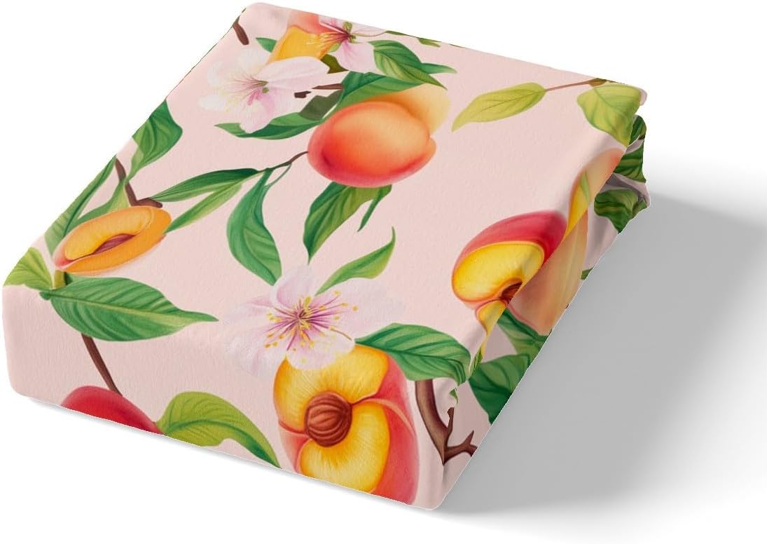 Peach Blossom Fitted Sheet Queen Size Fresh Fruits Bedding Set Girly Peach Sheet Set,Pink Peach Blossom Bed Cover Ultra Soft Breathable Bedspread 3 Pcs for Kids Teens Boys