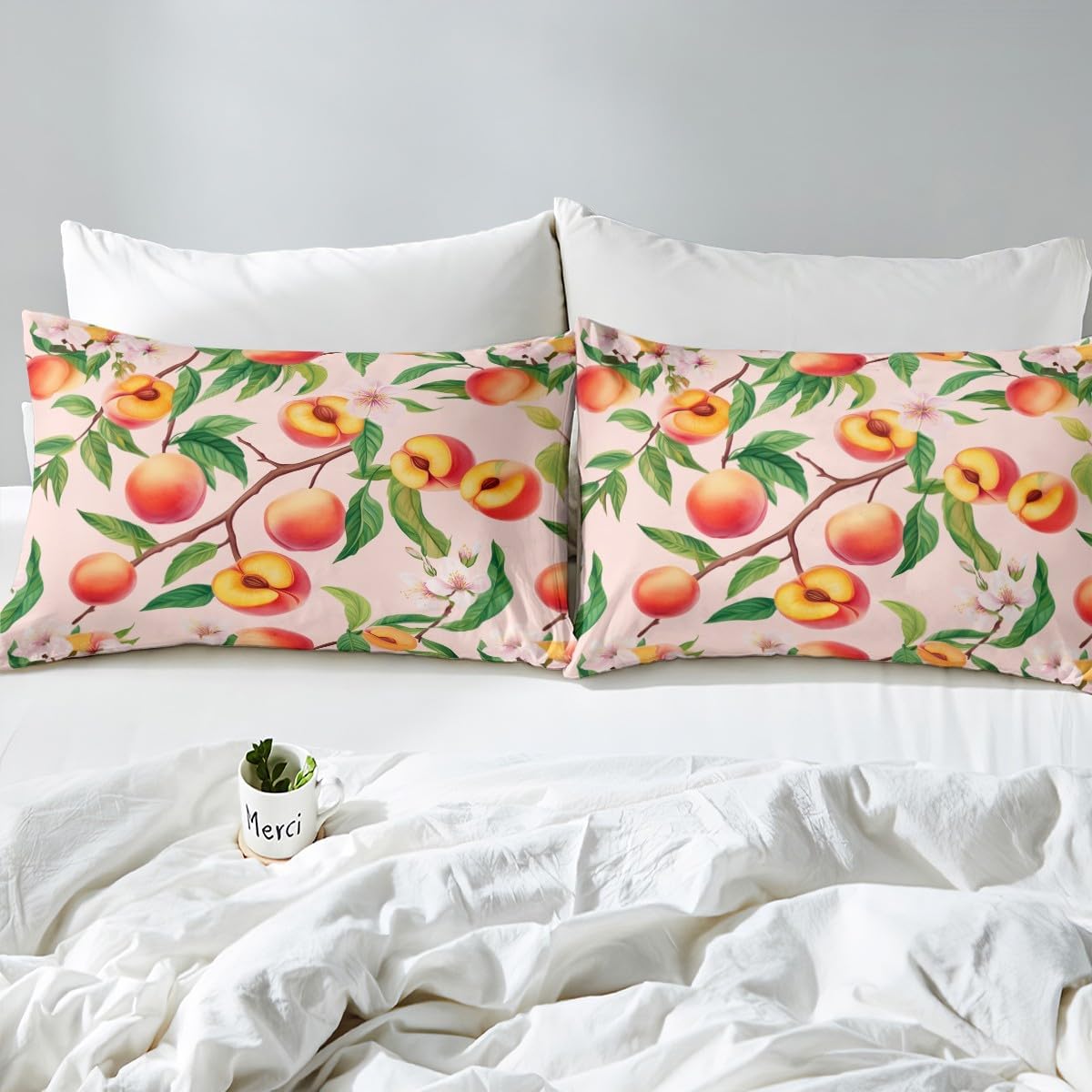 Peach Blossom Fitted Sheet Queen Size Fresh Fruits Bedding Set Girly Peach Sheet Set,Pink Peach Blossom Bed Cover Ultra Soft Breathable Bedspread 3 Pcs for Kids Teens Boys