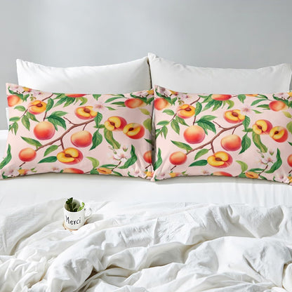 Peach Blossom Fitted Sheet Queen Size Fresh Fruits Bedding Set Girly Peach Sheet Set,Pink Peach Blossom Bed Cover Ultra Soft Breathable Bedspread 3 Pcs for Kids Teens Boys
