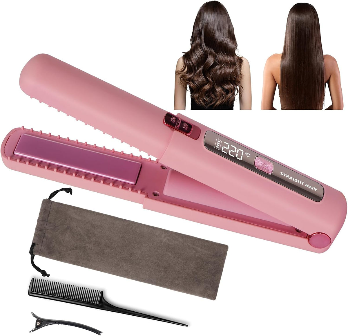 Portable 2 in 1 Travel Straightener and Curler, Cordless Hair Straightener 4500mAh, Rechargeable LCD Flat Iron, Mini Ceramic Curling Iron,USB Rechargeable Hot Tools, Pink