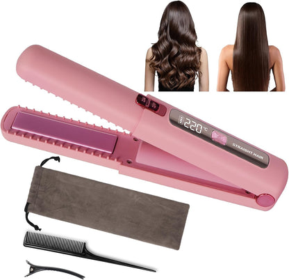 Portable 2 in 1 Travel Straightener and Curler, Cordless Hair Straightener 4500mAh, Rechargeable LCD Flat Iron, Mini Ceramic Curling Iron,USB Rechargeable Hot Tools, Pink