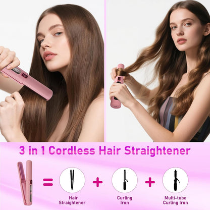 Portable 2 in 1 Travel Straightener and Curler, Cordless Hair Straightener 4500mAh, Rechargeable LCD Flat Iron, Mini Ceramic Curling Iron,USB Rechargeable Hot Tools, Pink