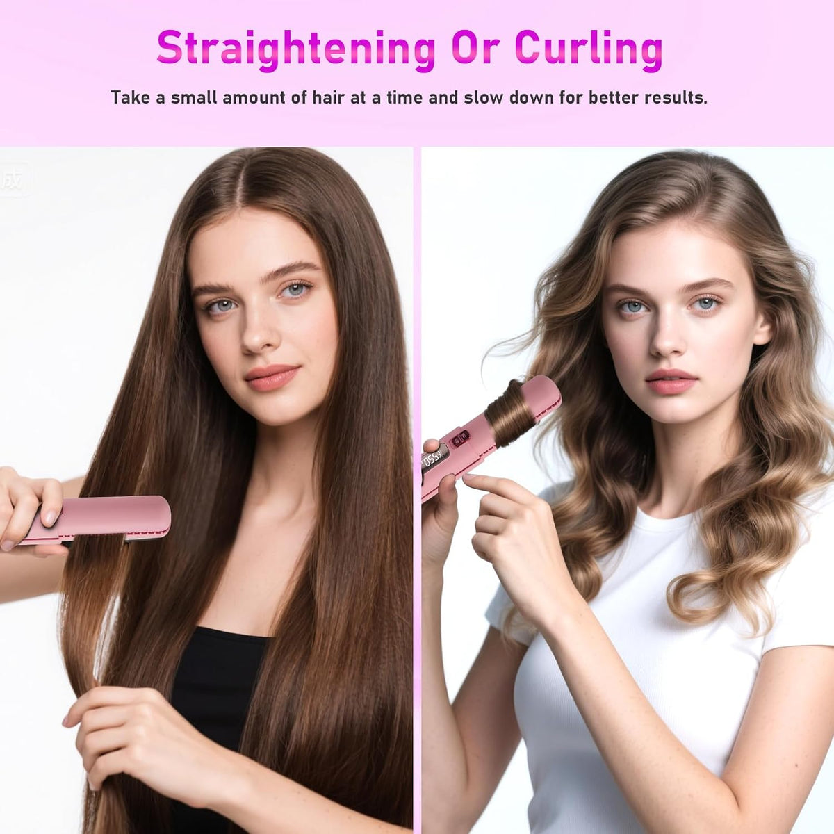 Portable 2 in 1 Travel Straightener and Curler, Cordless Hair Straightener 4500mAh, Rechargeable LCD Flat Iron, Mini Ceramic Curling Iron,USB Rechargeable Hot Tools, Pink