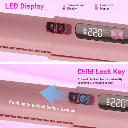 Portable 2 in 1 Travel Straightener and Curler, Cordless Hair Straightener 4500mAh, Rechargeable LCD Flat Iron, Mini Ceramic Curling Iron,USB Rechargeable Hot Tools, Pink