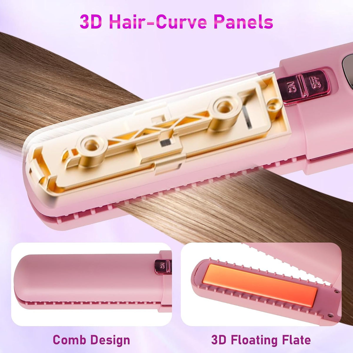 Portable 2 in 1 Travel Straightener and Curler, Cordless Hair Straightener 4500mAh, Rechargeable LCD Flat Iron, Mini Ceramic Curling Iron,USB Rechargeable Hot Tools, Pink