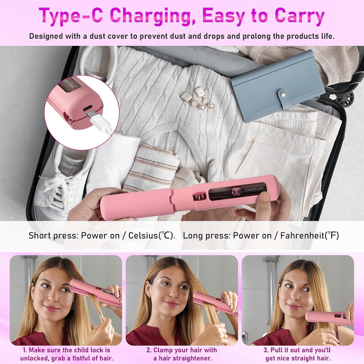 Portable 2 in 1 Travel Straightener and Curler, Cordless Hair Straightener 4500mAh, Rechargeable LCD Flat Iron, Mini Ceramic Curling Iron,USB Rechargeable Hot Tools, Pink