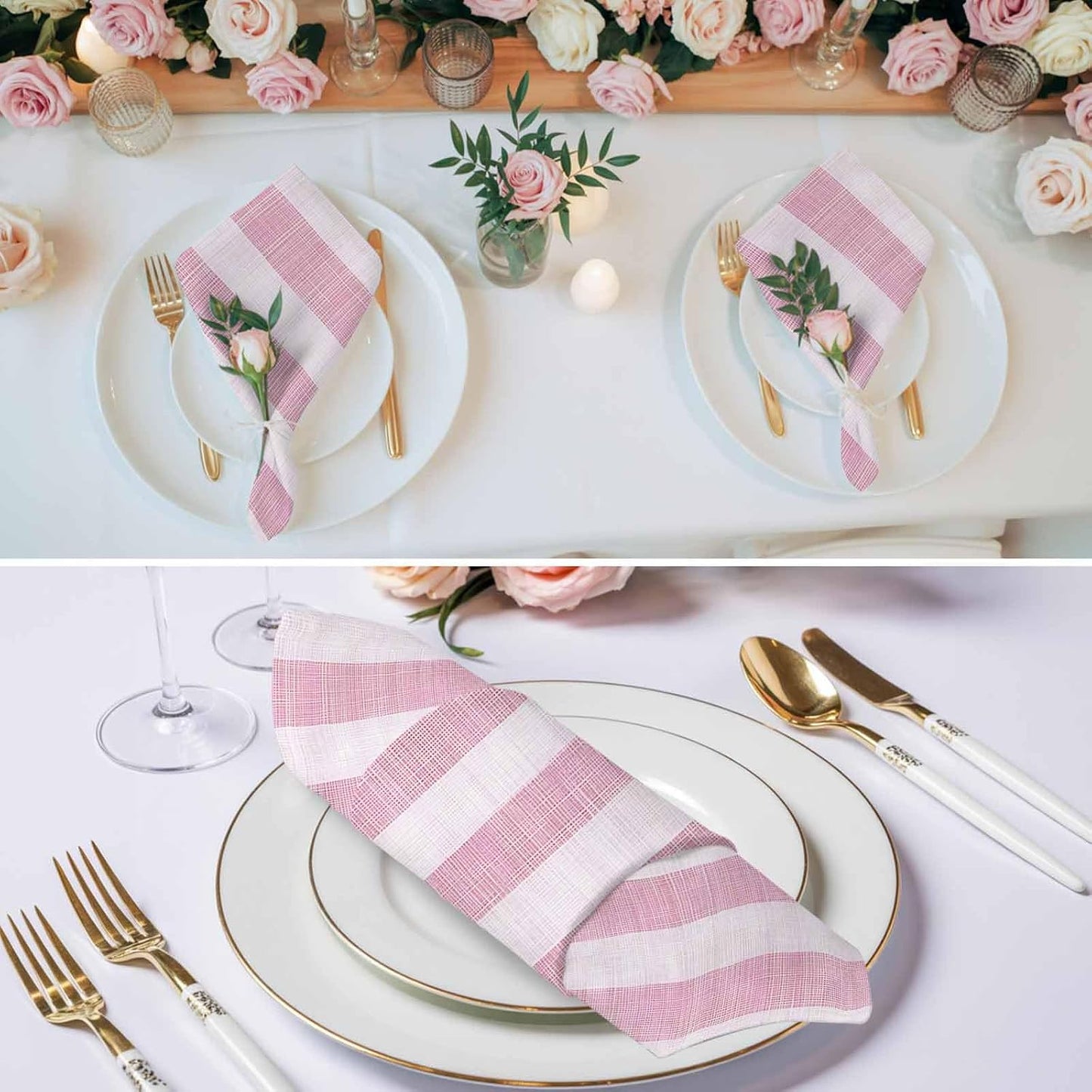 Cloth Napkins Set of 1,20x20 Inches Vintage Country Linen Stripes Washable Reusable Polyester Dinner Napkins for Holiday Parties Weddings Banquet Events,Pink