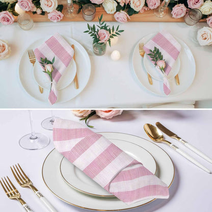 Cloth Napkins Set of 1,20x20 Inches Vintage Country Linen Stripes Washable Reusable Polyester Dinner Napkins for Holiday Parties Weddings Banquet Events,Pink