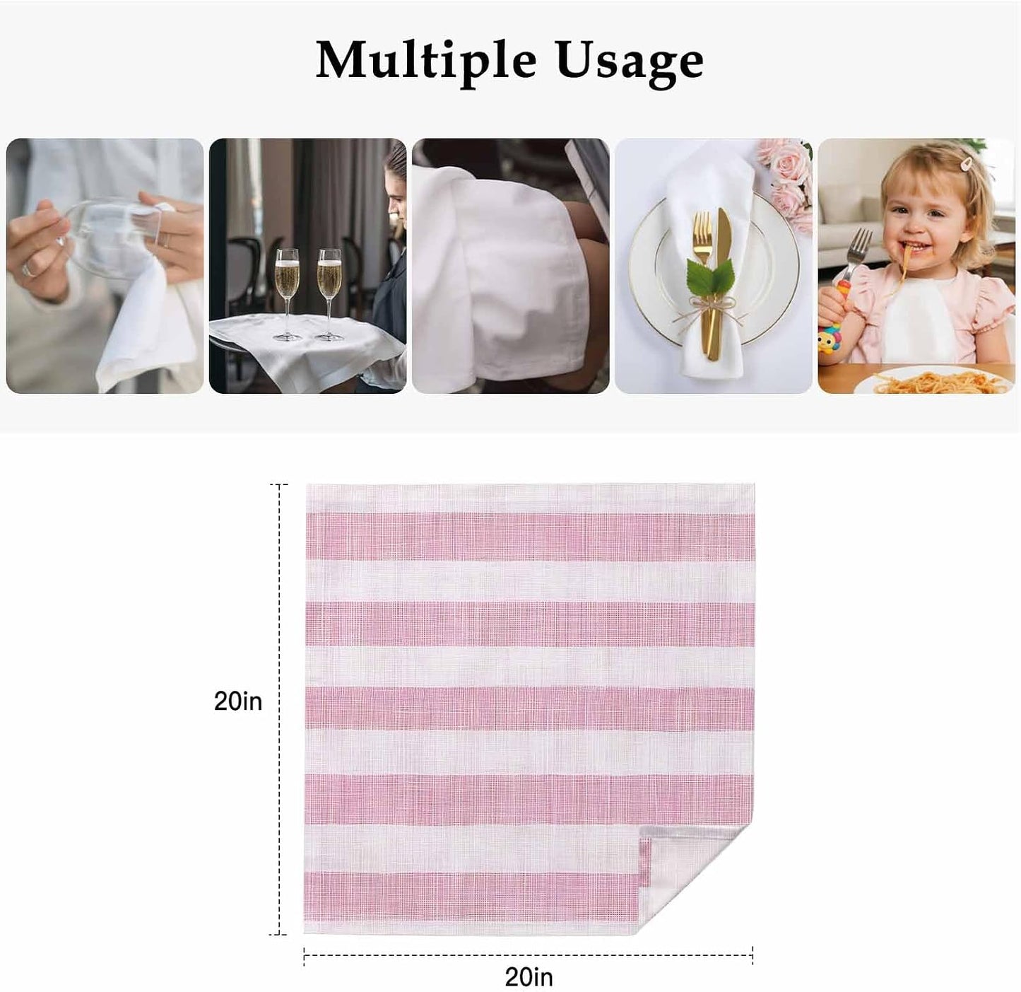 Cloth Napkins Set of 1,20x20 Inches Vintage Country Linen Stripes Washable Reusable Polyester Dinner Napkins for Holiday Parties Weddings Banquet Events,Pink