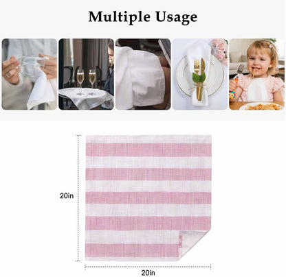 Cloth Napkins Set of 1,20x20 Inches Vintage Country Linen Stripes Washable Reusable Polyester Dinner Napkins for Holiday Parties Weddings Banquet Events,Pink