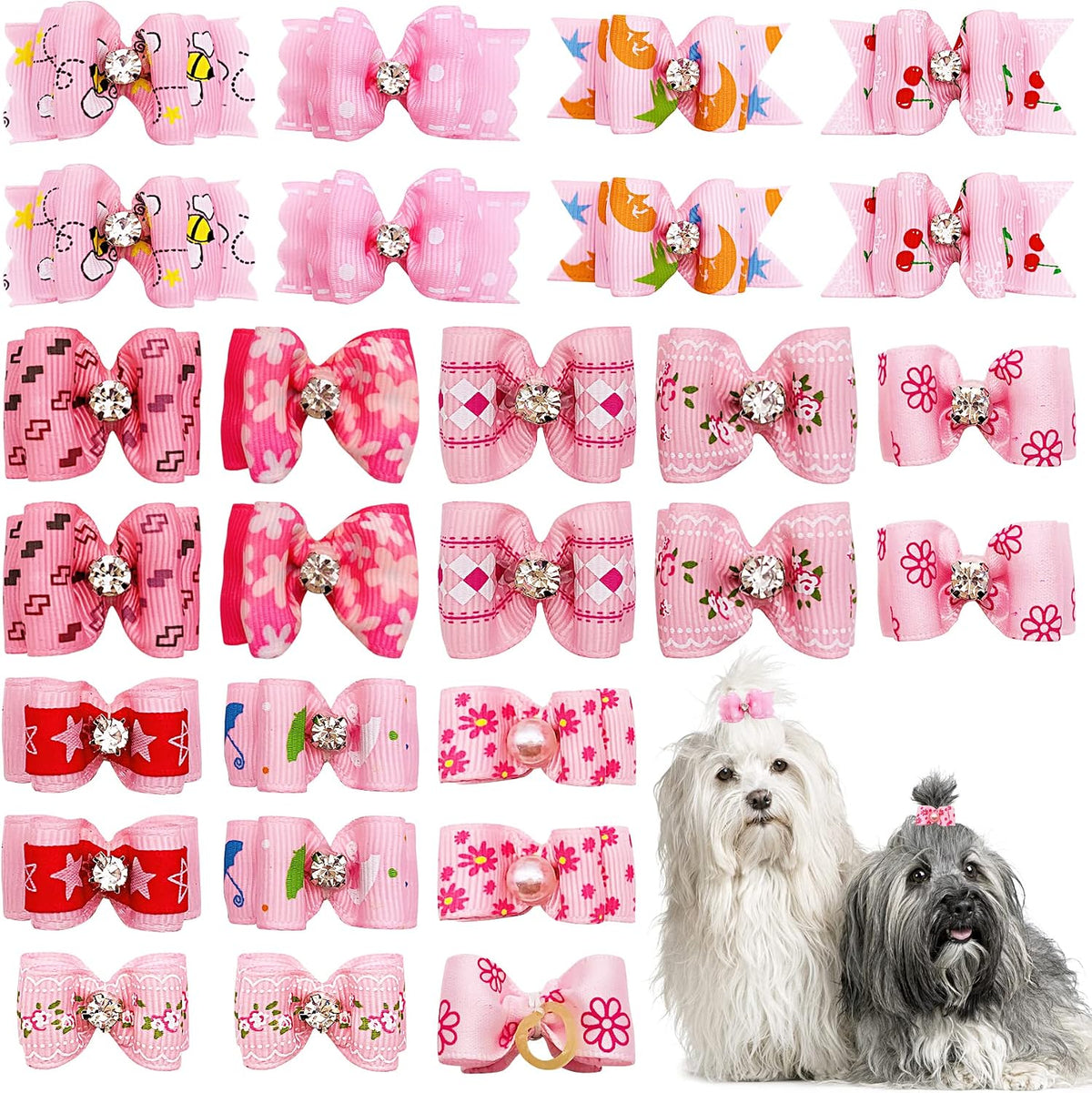 Mixed Styles Pet Cat Puppy Topknot Small Dog Hair Bows with Rubber Bands Grooming Accessories Pink Pack of 20