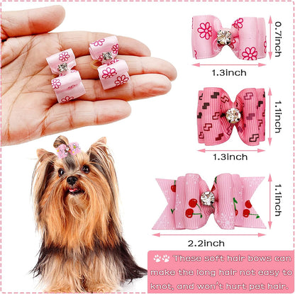 Mixed Styles Pet Cat Puppy Topknot Small Dog Hair Bows with Rubber Bands Grooming Accessories Pink Pack of 20