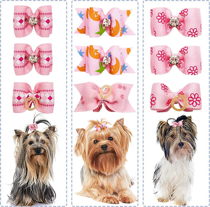 Mixed Styles Pet Cat Puppy Topknot Small Dog Hair Bows with Rubber Bands Grooming Accessories Pink Pack of 20