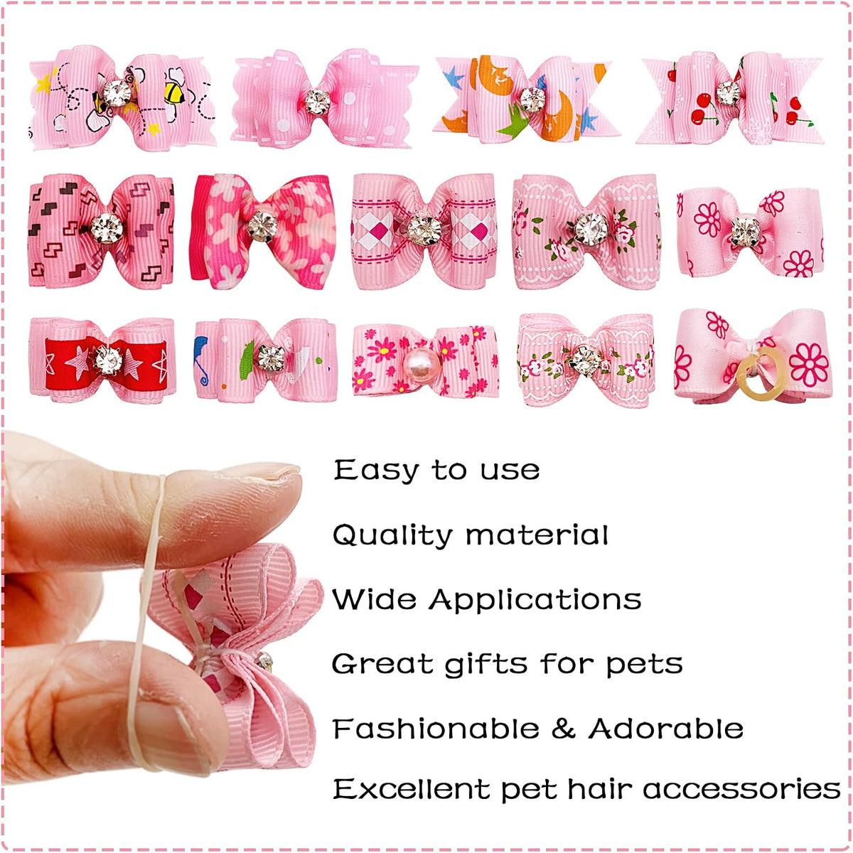 Mixed Styles Pet Cat Puppy Topknot Small Dog Hair Bows with Rubber Bands Grooming Accessories Pink Pack of 20