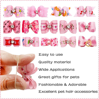Mixed Styles Pet Cat Puppy Topknot Small Dog Hair Bows with Rubber Bands Grooming Accessories Pink Pack of 20