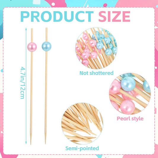200Pcs Gender Reveal Cocktail Picks,4.7 inches Pink Blue Pearl Toothpicks for Appetizers Baby Shower Party Decorations