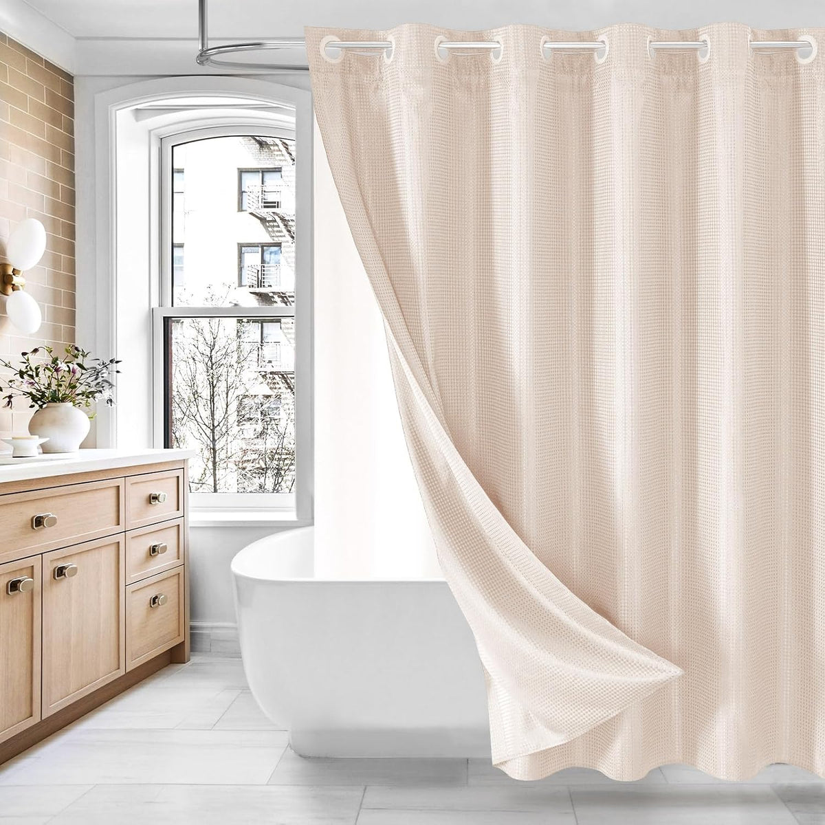No Hook Weave Fabric Shower Curtain with Snap-in Liner Blush Pink,72x74