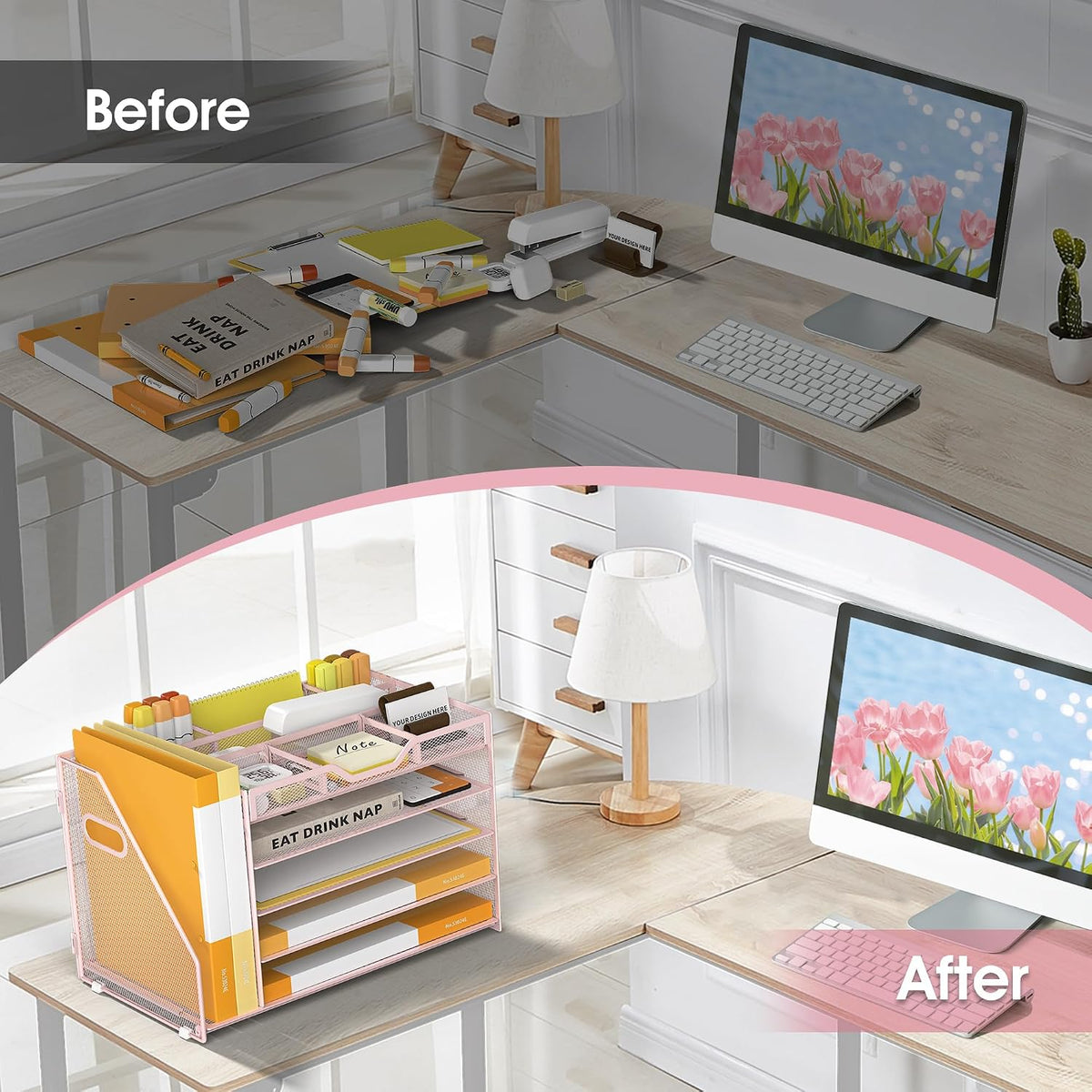 5 Tier Paper Letter Tray Desk Organizer with Pen Holders - Pink