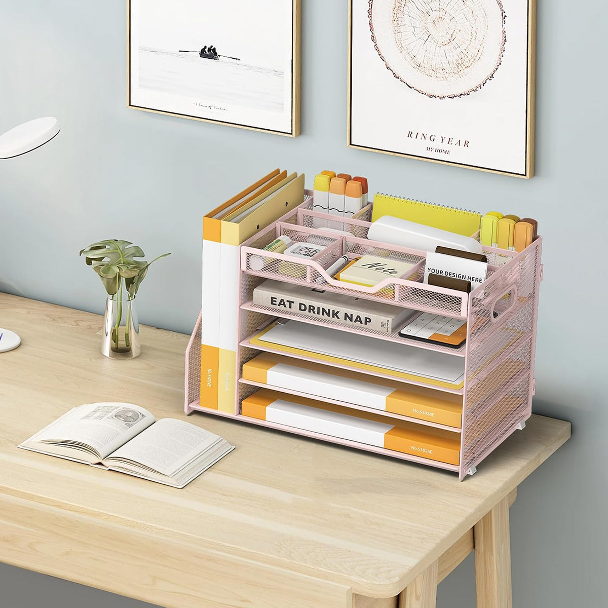 5 Tier Paper Letter Tray Desk Organizer with Pen Holders - Pink