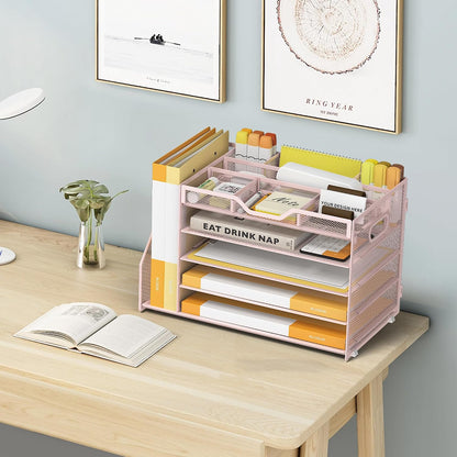 5 Tier Paper Letter Tray Desk Organizer with Pen Holders - Pink