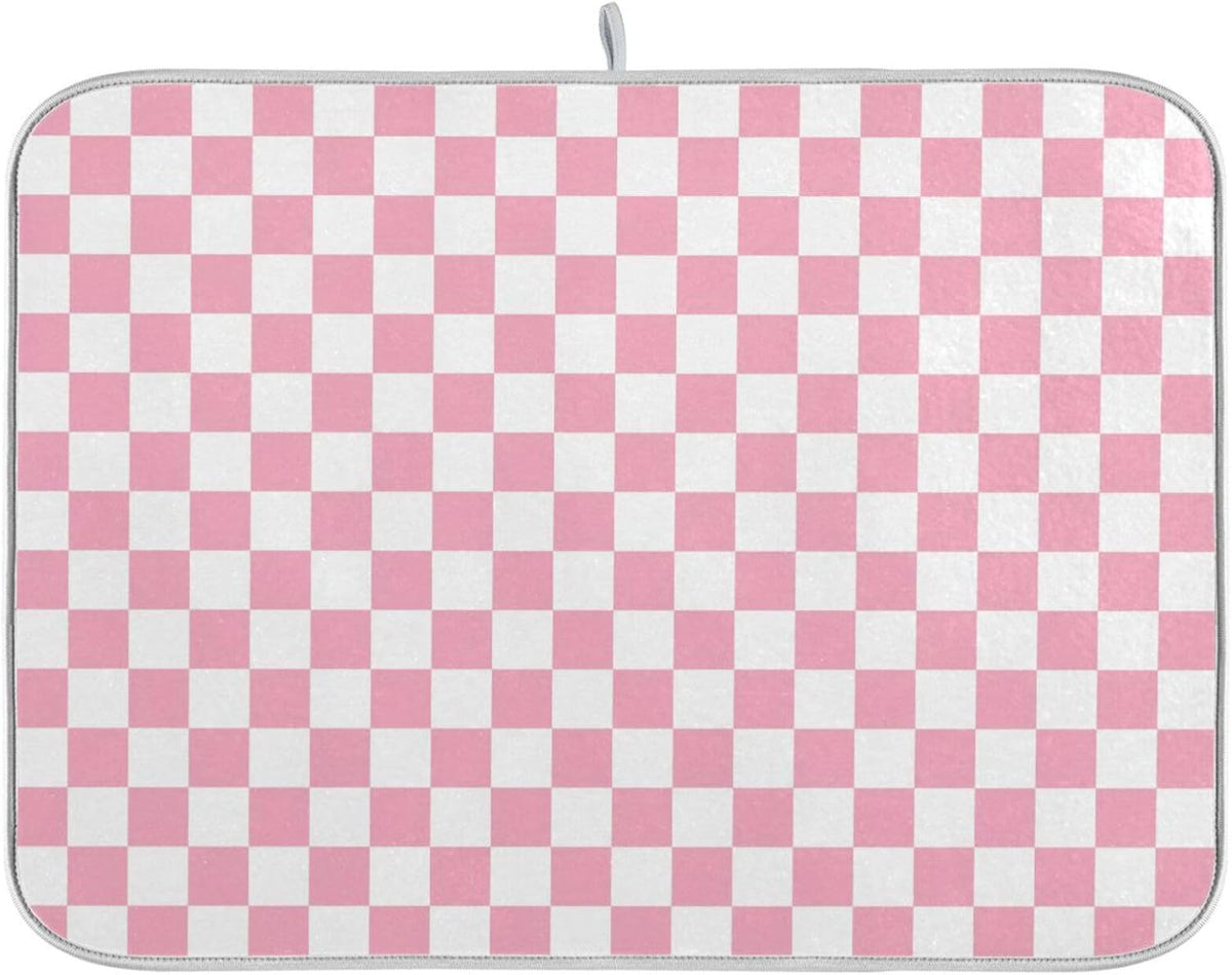 Pink White Checkered Pattern Dish Drying Mat for Kitchen Counter Absorbent Reversible Microfiber Drying Pad Countertop Drainer Mats, Large 18 x 24 inch