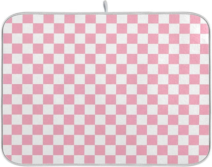 Pink White Checkered Pattern Dish Drying Mat for Kitchen Counter Absorbent Reversible Microfiber Drying Pad Countertop Drainer Mats, Large 18 x 24 inch