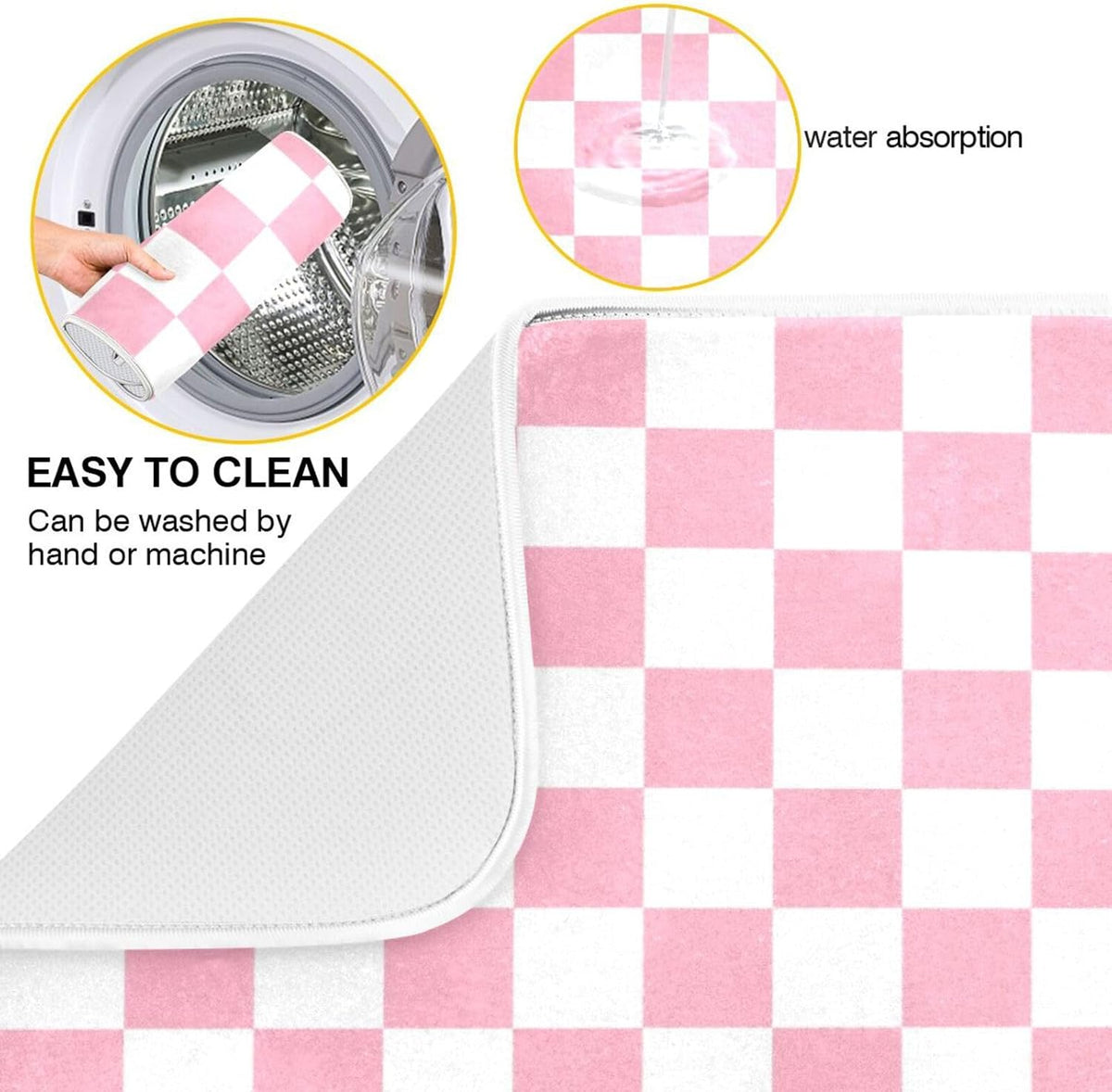 Pink White Checkered Pattern Dish Drying Mat for Kitchen Counter Absorbent Reversible Microfiber Drying Pad Countertop Drainer Mats, Large 18 x 24 inch
