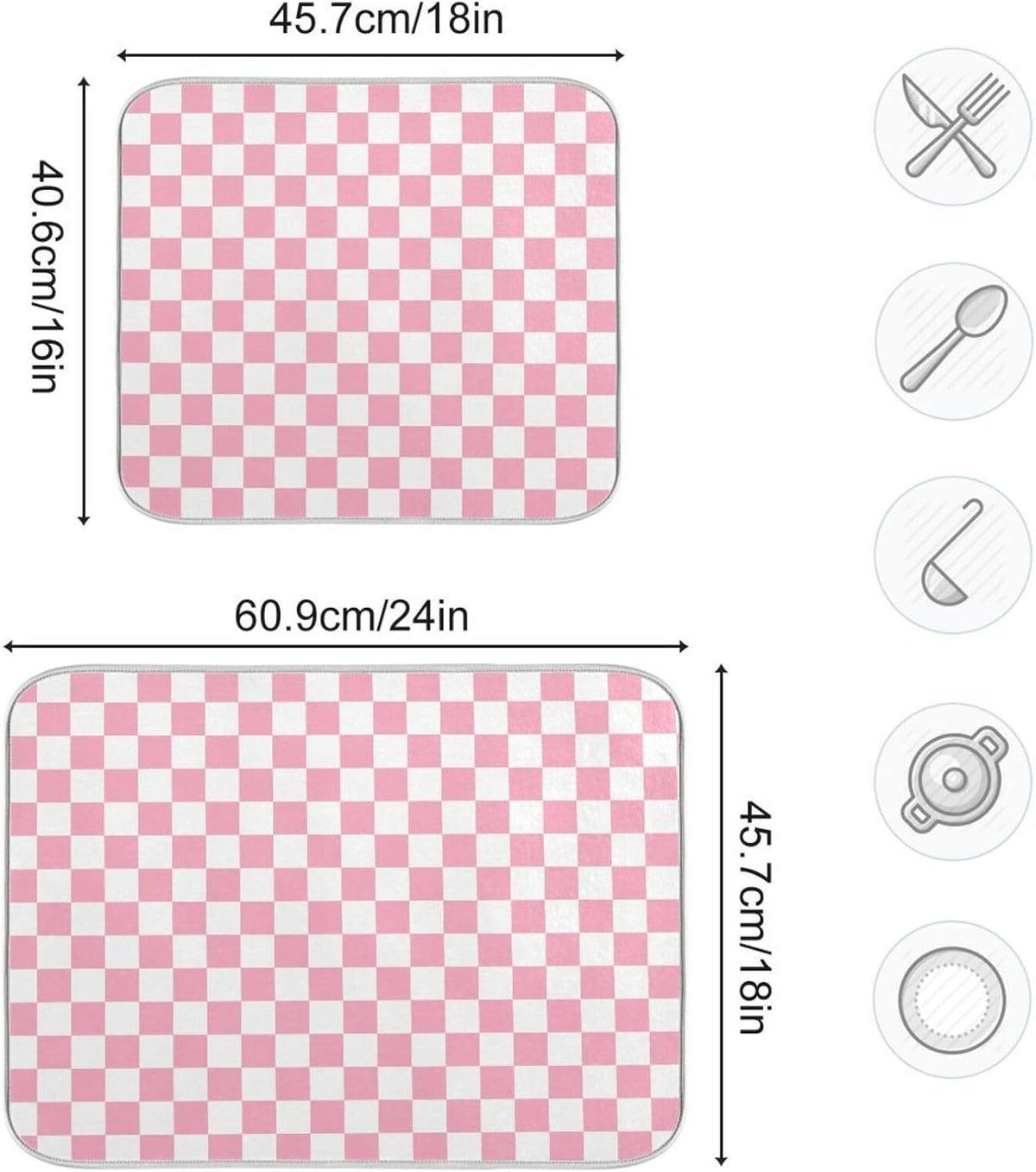 Pink White Checkered Pattern Dish Drying Mat for Kitchen Counter Absorbent Reversible Microfiber Drying Pad Countertop Drainer Mats, Large 18 x 24 inch