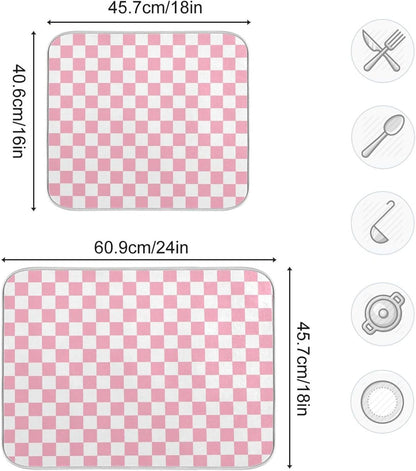 Pink White Checkered Pattern Dish Drying Mat for Kitchen Counter Absorbent Reversible Microfiber Drying Pad Countertop Drainer Mats, Large 18 x 24 inch