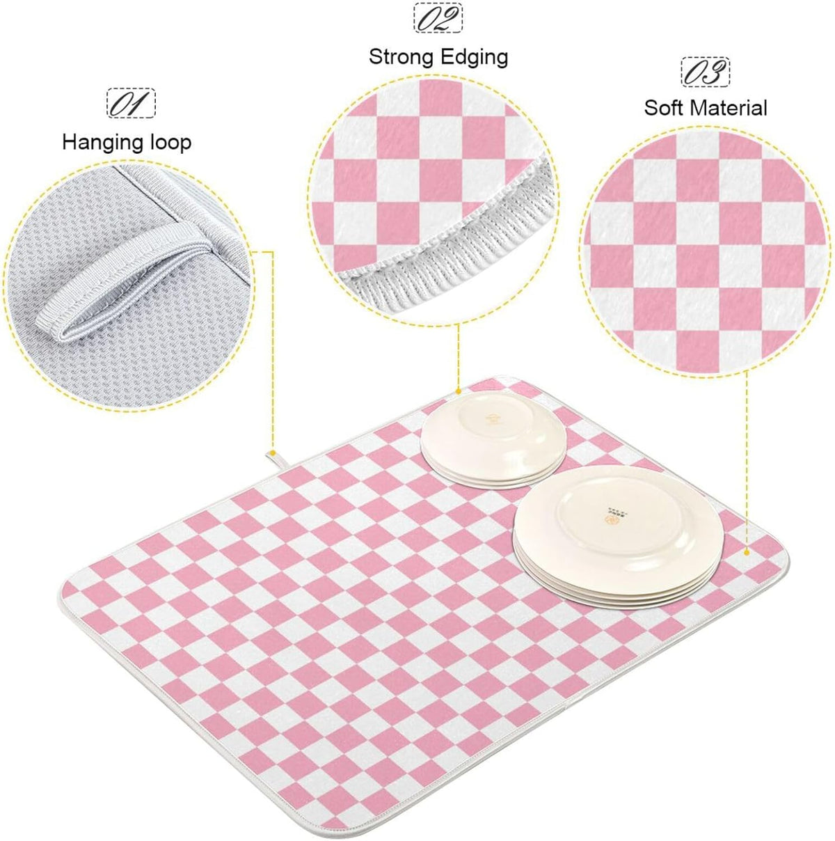 Pink White Checkered Pattern Dish Drying Mat for Kitchen Counter Absorbent Reversible Microfiber Drying Pad Countertop Drainer Mats, Large 18 x 24 inch