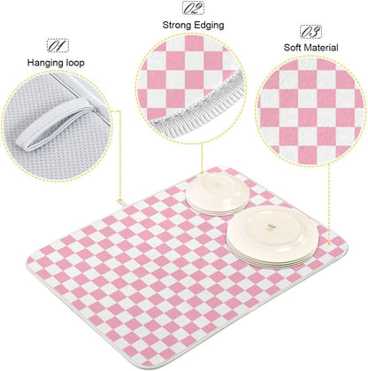 Pink White Checkered Pattern Dish Drying Mat for Kitchen Counter Absorbent Reversible Microfiber Drying Pad Countertop Drainer Mats, Large 18 x 24 inch