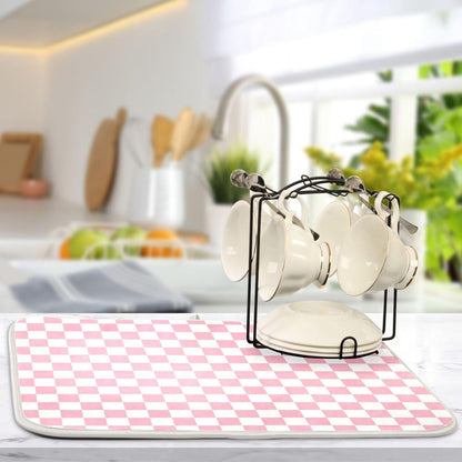 Pink White Checkered Pattern Dish Drying Mat for Kitchen Counter Absorbent Reversible Microfiber Drying Pad Countertop Drainer Mats, Large 18 x 24 inch