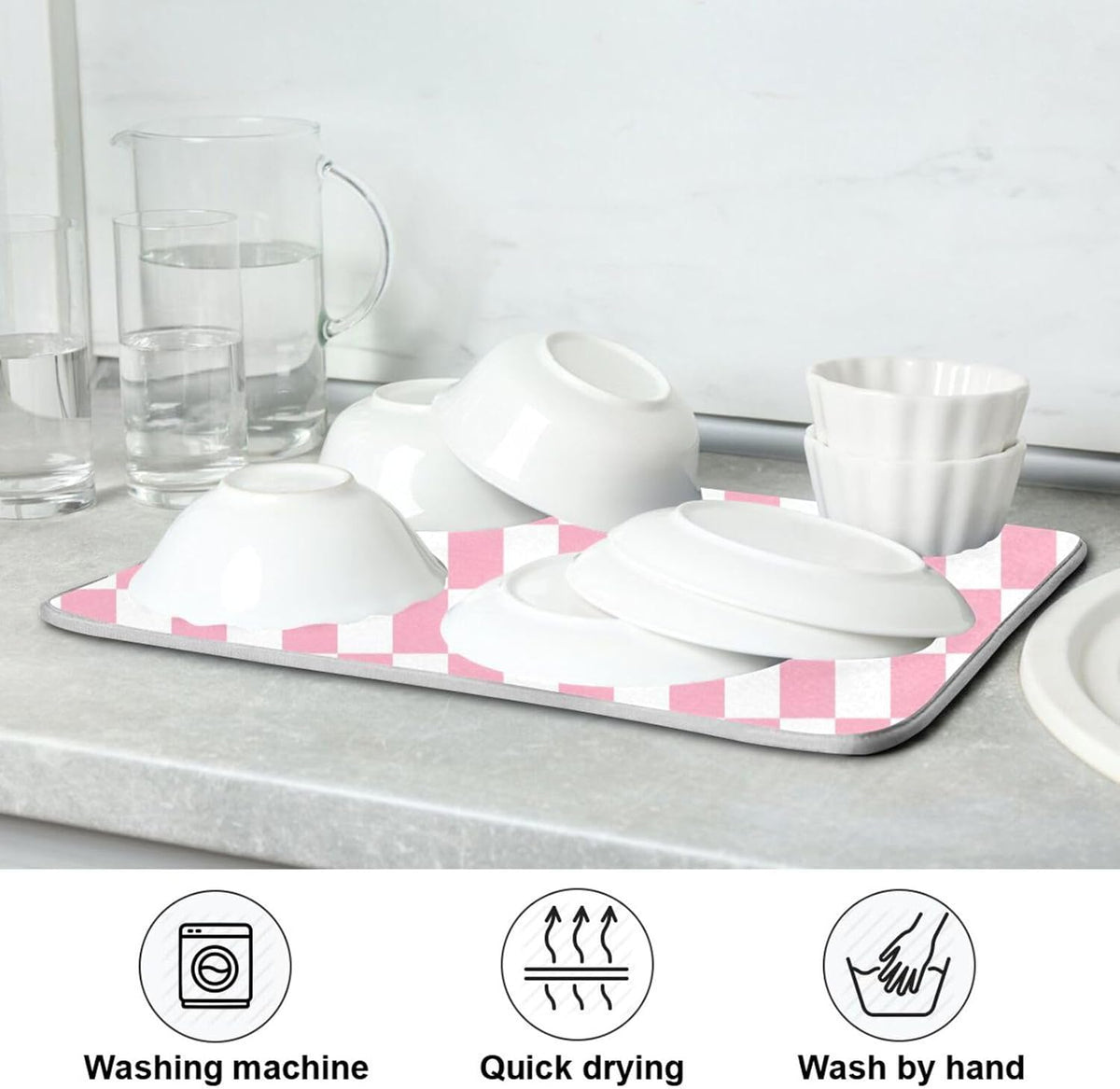 Pink White Checkered Pattern Dish Drying Mat for Kitchen Counter Absorbent Reversible Microfiber Drying Pad Countertop Drainer Mats, Large 18 x 24 inch