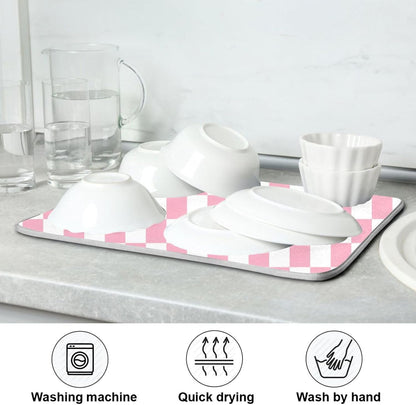 Pink White Checkered Pattern Dish Drying Mat for Kitchen Counter Absorbent Reversible Microfiber Drying Pad Countertop Drainer Mats, Large 18 x 24 inch