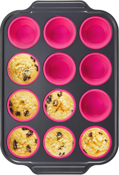 Silicone Muffin Pans for Baking with Metal Frame, Egg Bite Molds, Cupcake Pans 12 Regular Size, Muffin Tins Easy to Pop Nonstick Non Toxic Bakeware for Oven,Rose Pink